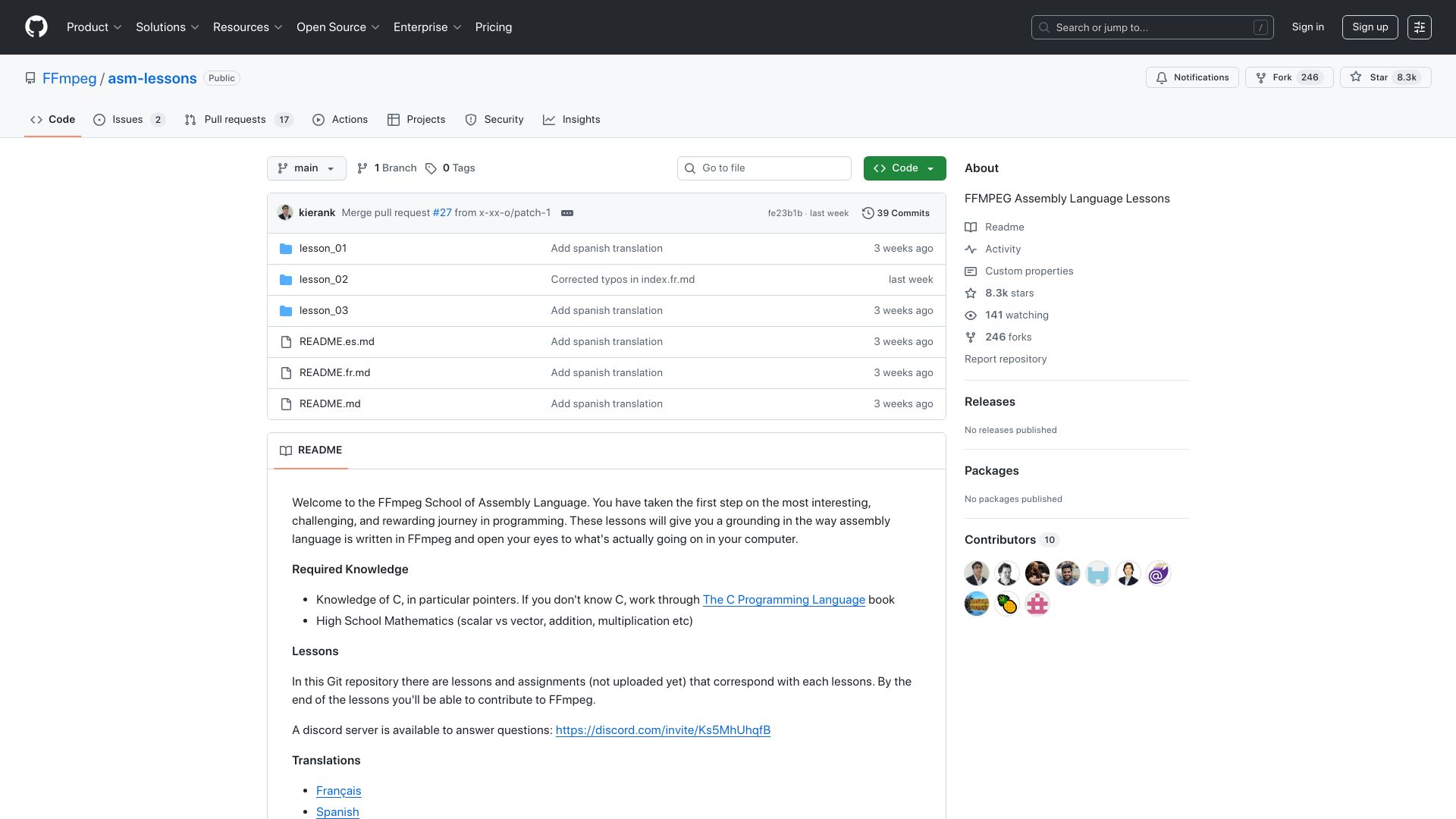 Screenshot of github.com: FFmpeg Assembly Language Lessons