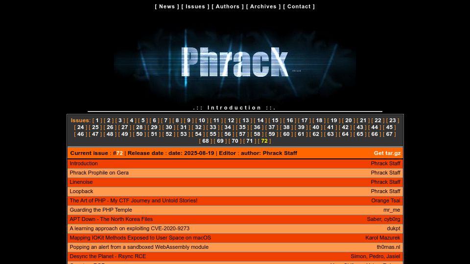 Screenshot of phrack.org: Phrack 72