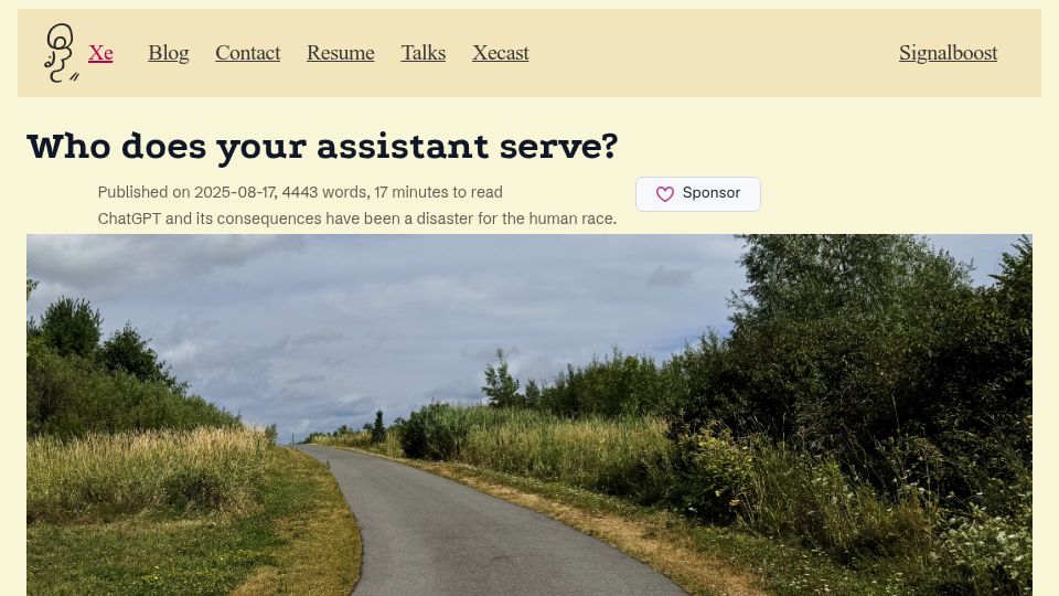 Screenshot of xeiaso.net: Who does your assistant serve?
