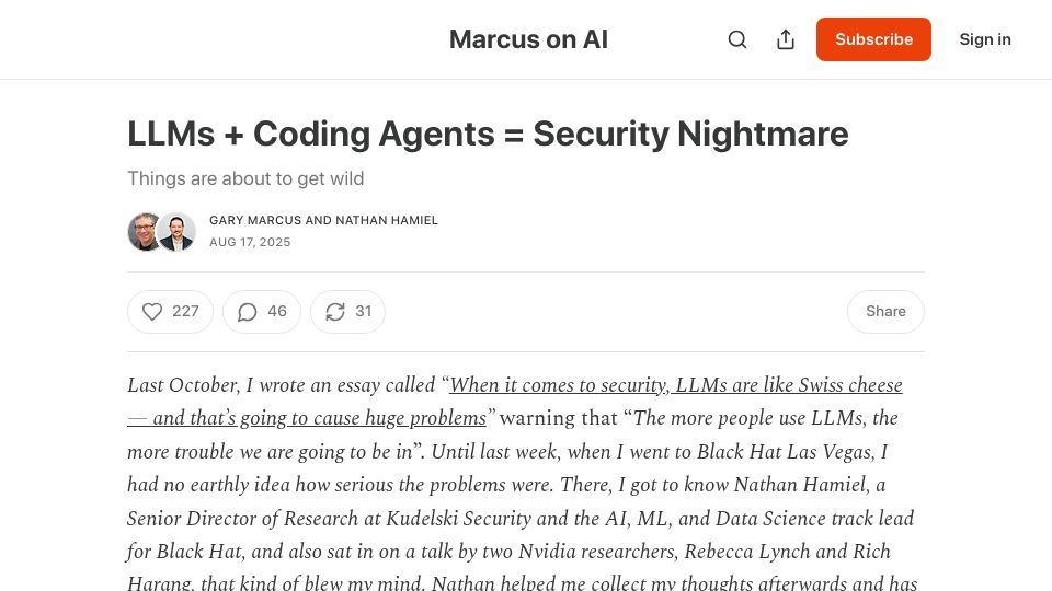 Screenshot of garymarcus.substack.com: LLMs and coding agents are a security nightmare