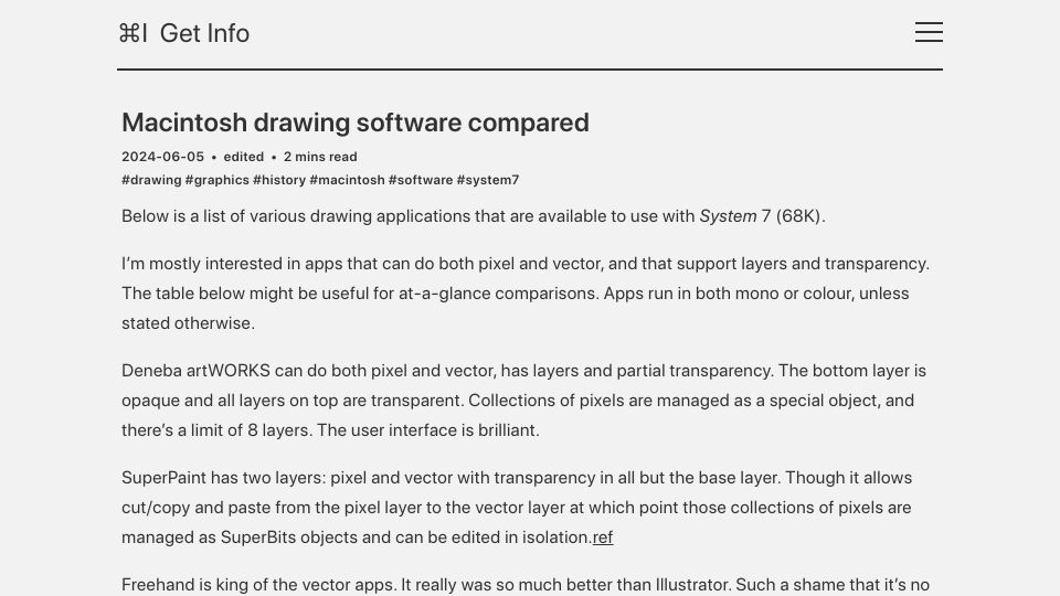 Screenshot of blog.gingerbeardman.com: Macintosh Drawing Software Compared (2021)