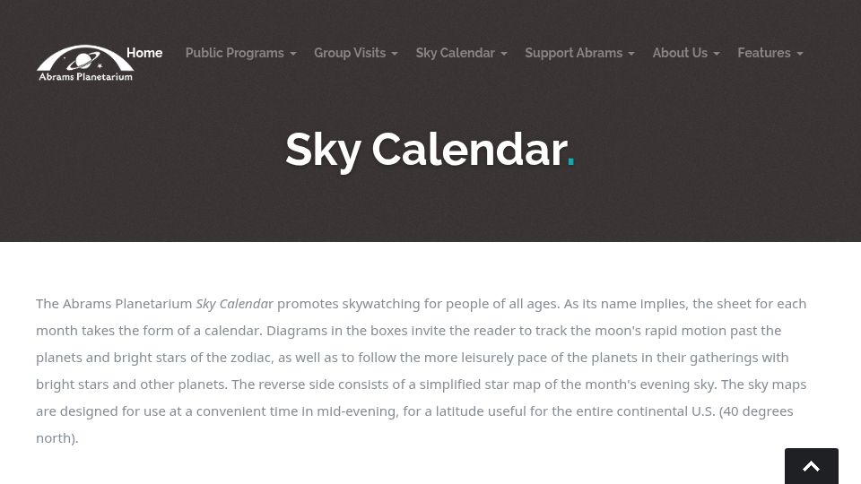 Screenshot of abramsplanetarium.org: Sky Calendar