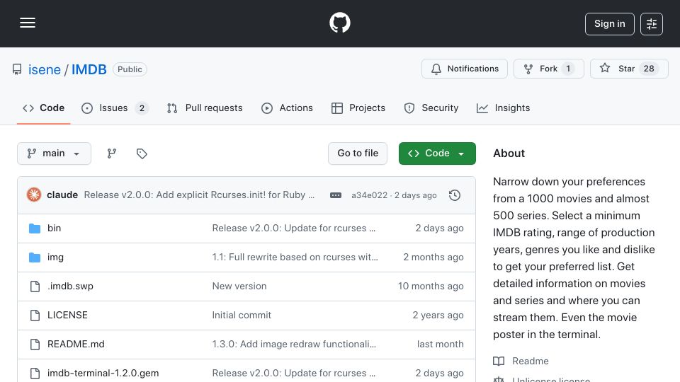 Screenshot of github.com: IMDB Terminal Browser