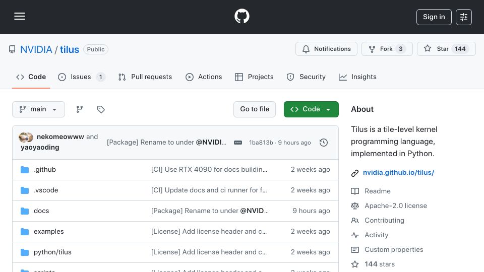 Screenshot of github.com: Nvidia Tilus: A Tile-Level GPU Kernel Programming Language