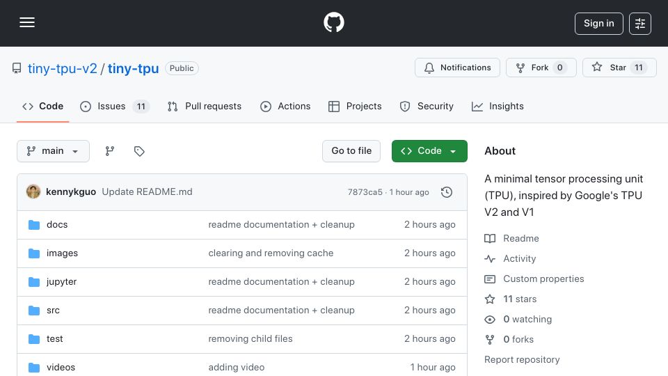 Screenshot of github.com: Tiny-tpu: A minimal tensor processing unit (TPU), inspired by Google's TPU