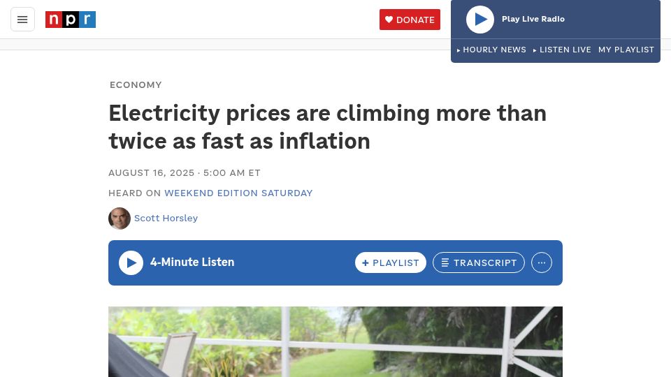 Screenshot of npr.org: Electricity prices are climbing more than twice as fast as inflation