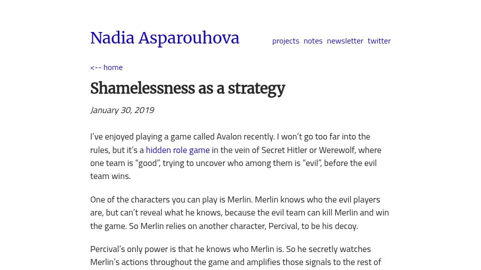 Screenshot of nadia.xyz: Shamelessness as a strategy (2019)