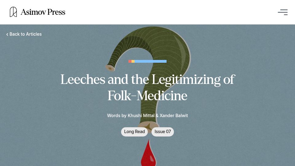 Screenshot of press.asimov.com: Leeches and the Legitimizing of Folk-Medicine