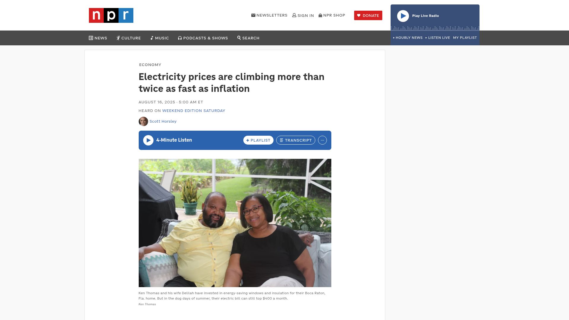 Screenshot of npr.org: Electricity prices are climbing more than twice as fast as inflation