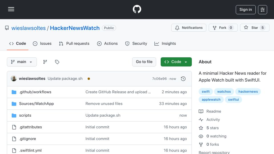 Screenshot of github.com: Show HN: A Minimal Hacker News Reader for Apple Watch Built with SwiftUI