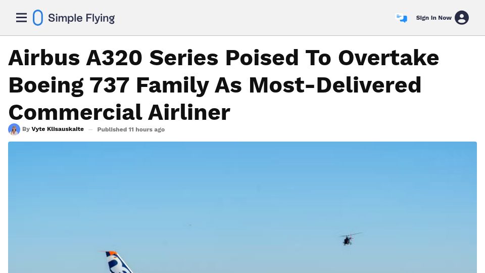 Screenshot of simpleflying.com: Airbus A320 Poised to Overtake Boeing 737 as Most-Delivered Commercial Airliner