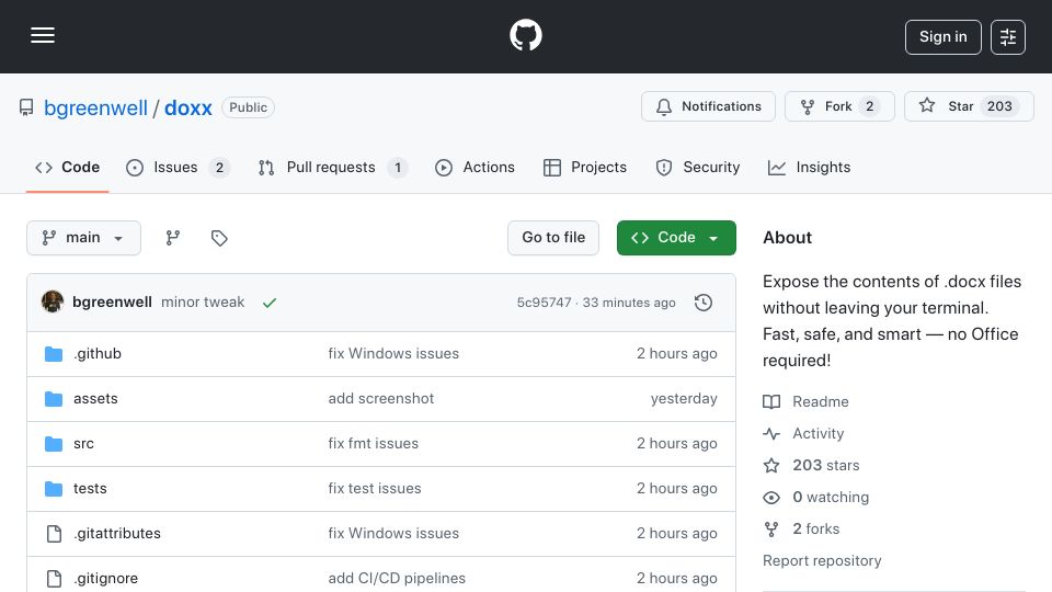 Screenshot of github.com: Show HN: Doxx – Terminal .docx viewer inspired by Glow