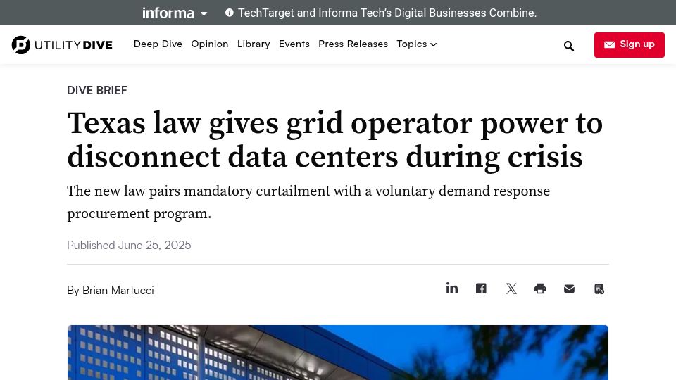 Screenshot of utilitydive.com: Texas law gives grid operator power to disconnect data centers during crisis
