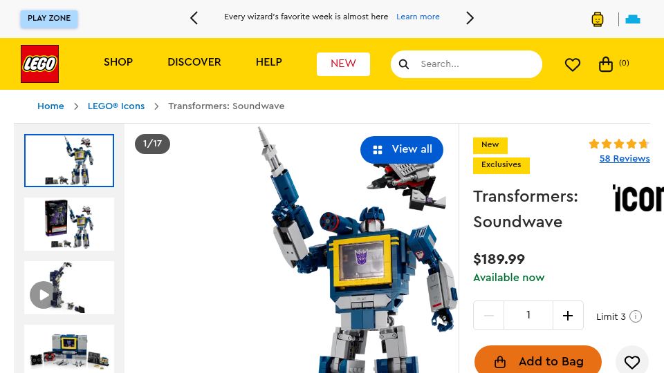 Screenshot of lego.com: Lego Transformers Soundwave