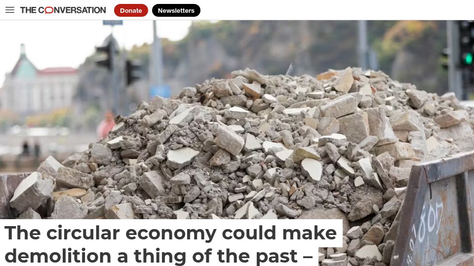 Screenshot of theconversation.com: The circular economy could make demolition a thing of the past