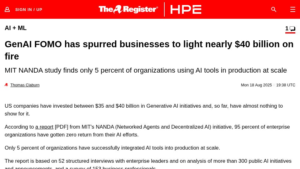 Screenshot of theregister.com: GenAI FOMO has spurred businesses to light nearly $40B on fire