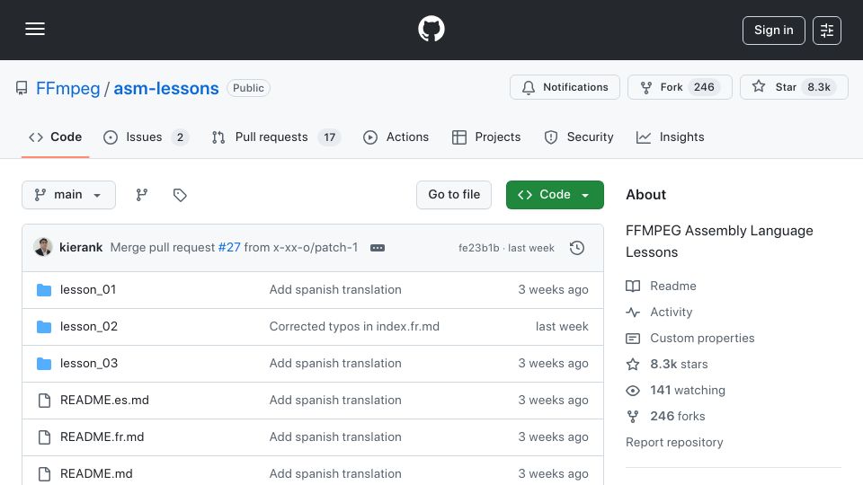Screenshot of github.com: FFmpeg Assembly Language Lessons