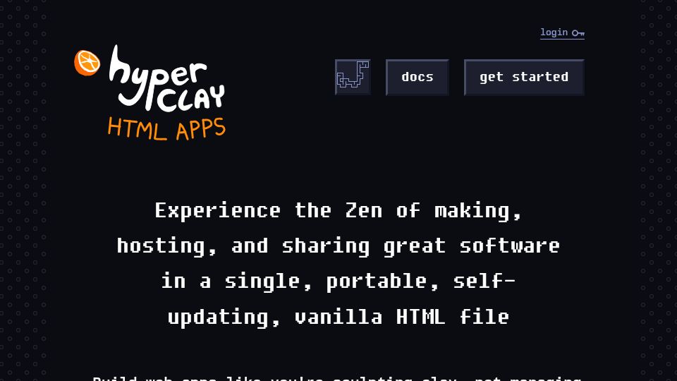 Screenshot of hyperclay.com: Web apps in a single, portable, self-updating, vanilla HTML file