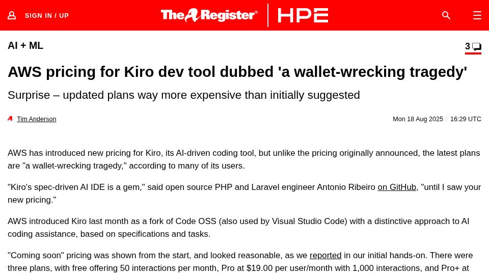 Screenshot of theregister.com: AWS pricing for Kiro dev tool dubbed 'a wallet-wrecking tragedy'