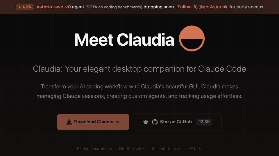 Screenshot of claudiacode.com: Claudia – Desktop companion for Claude code
