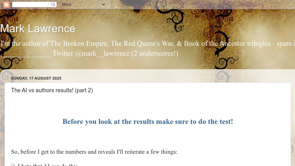 Screenshot of mark---lawrence.blogspot.com: AI vs. Professional Authors Results