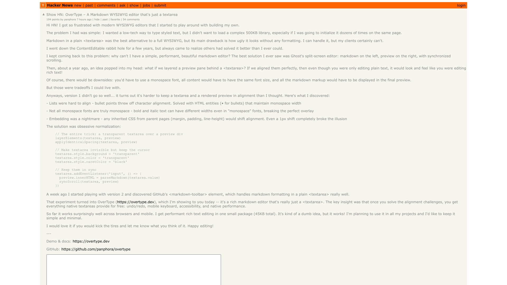 Screenshot of this Hacker News post: Show HN: OverType – A Markdown WYSIWYG editor that's just a textarea