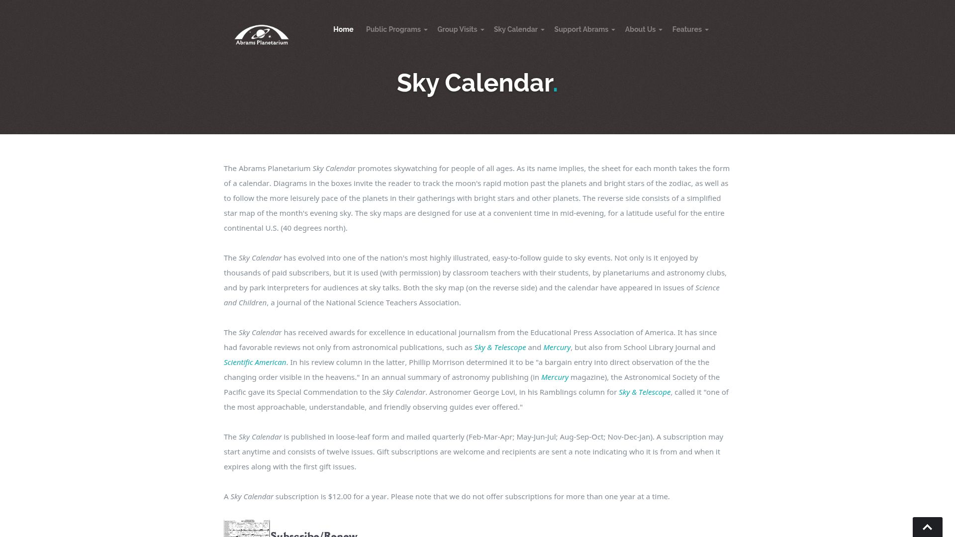 Screenshot of abramsplanetarium.org: Sky Calendar