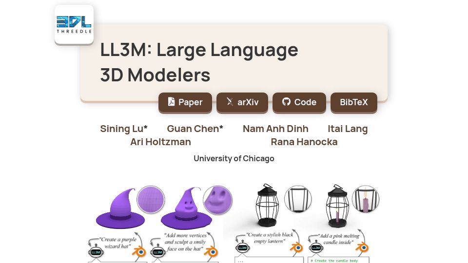Screenshot of threedle.github.io: LL3M: Large Language 3D Modelers
