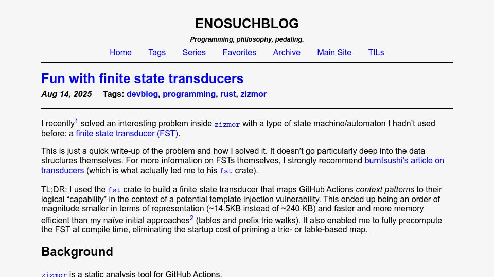 Screenshot of blog.yossarian.net: Fun with Finite State Transducers