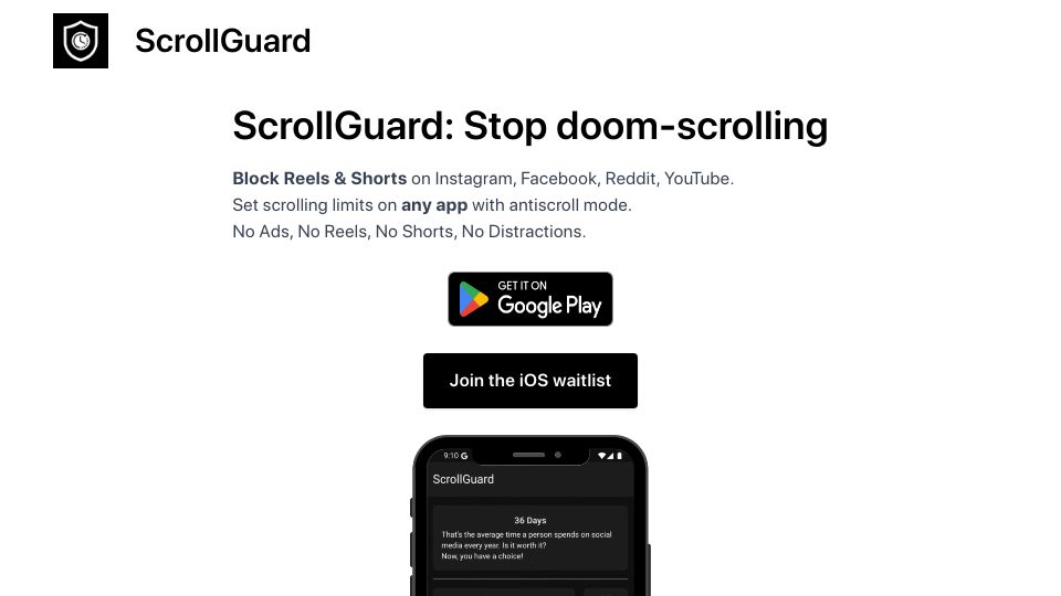 Screenshot of scrollguard.app: Show HN: I built an app to block Shorts and Reels