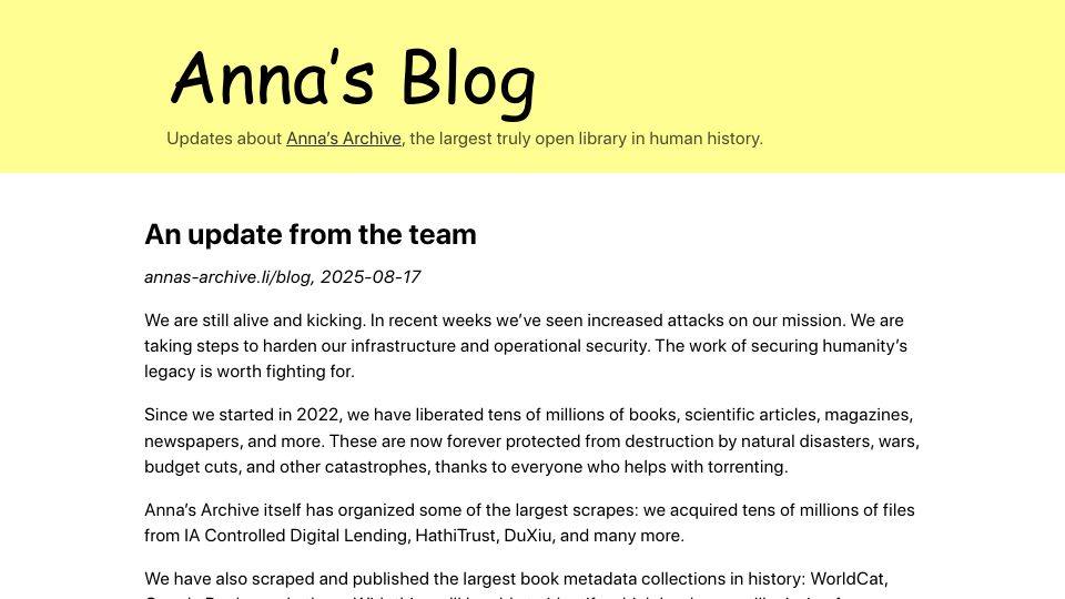 Screenshot of annas-archive.org: Anna's Archive: An Update from the Team