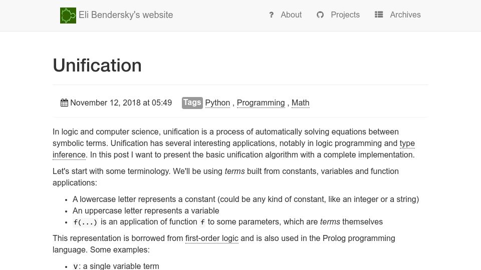 Screenshot of eli.thegreenplace.net: Unification (2018)