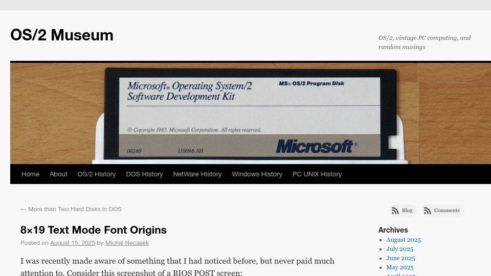 Screenshot of os2museum.com: 8x19 Text Mode Font Origins