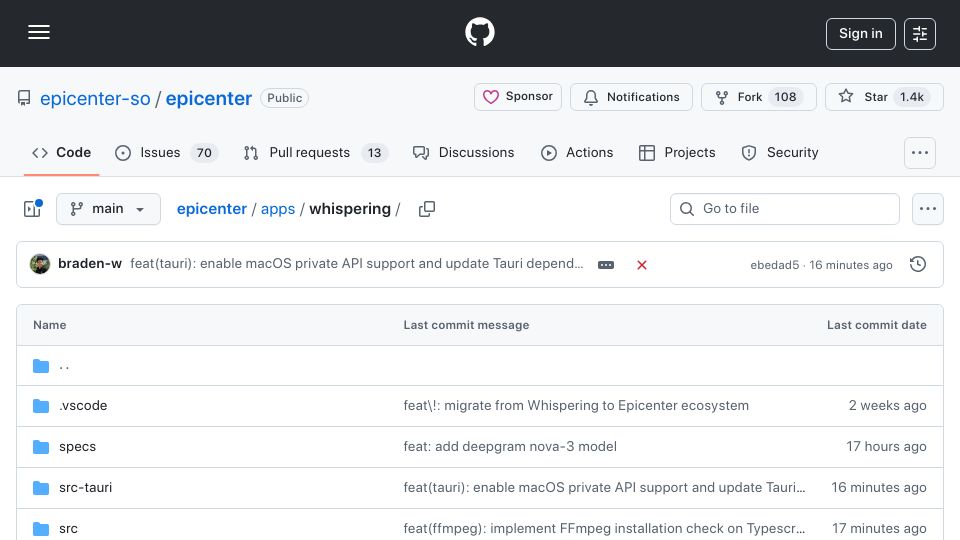 Screenshot of github.com: Show HN: Whispering – Open-source, local-first dictation you can trust