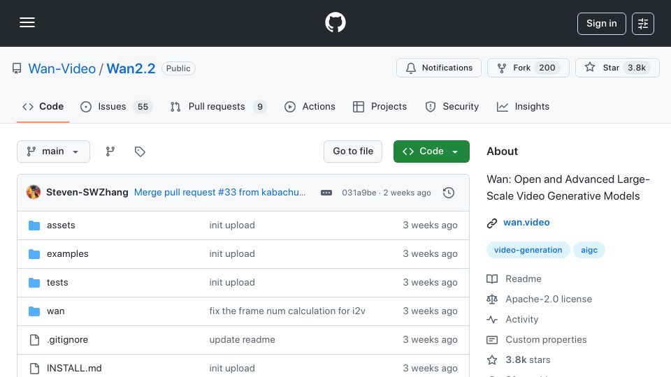Screenshot of github.com: Wan – Open-source alternative to VEO 3