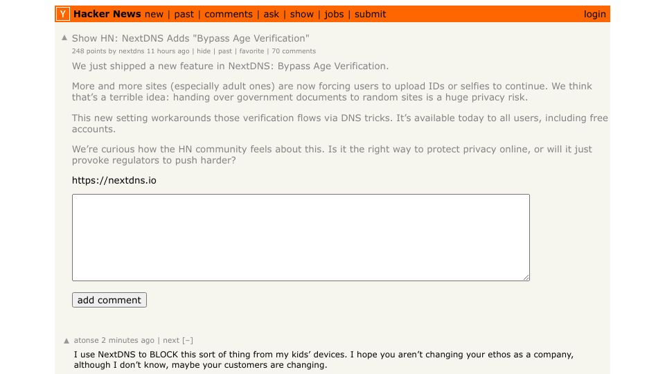 Screenshot of Hacker News post: Show HN: NextDNS Adds "Bypass Age Verification"