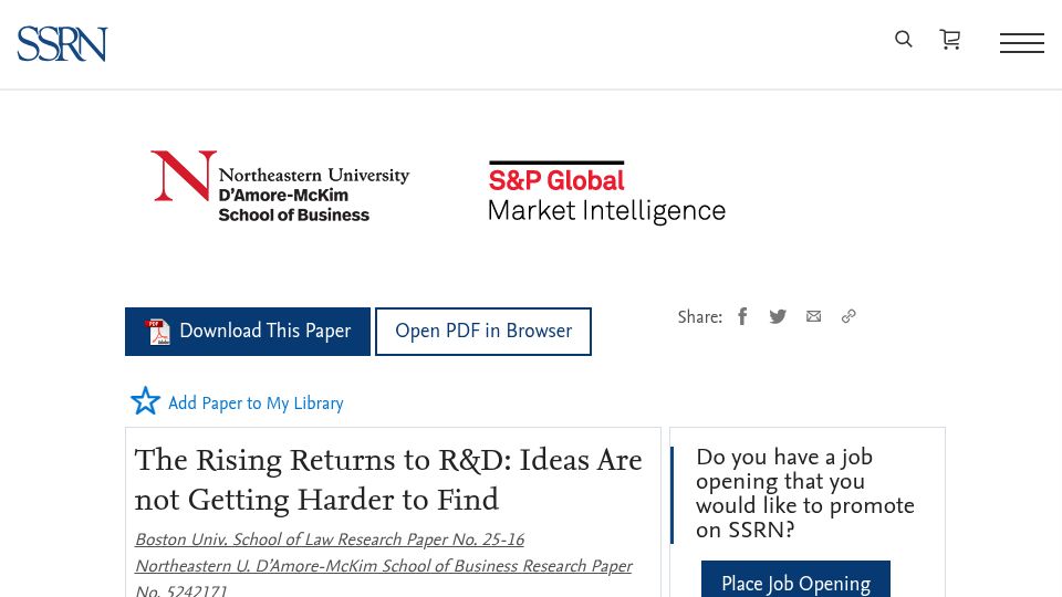 Screenshot of papers.ssrn.com: The rising returns to R&D: Ideas are not getting harder to find