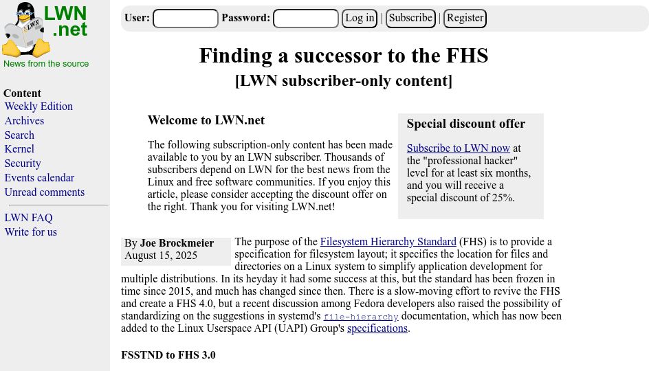 Screenshot of lwn.net: Finding a Successor to the FHS