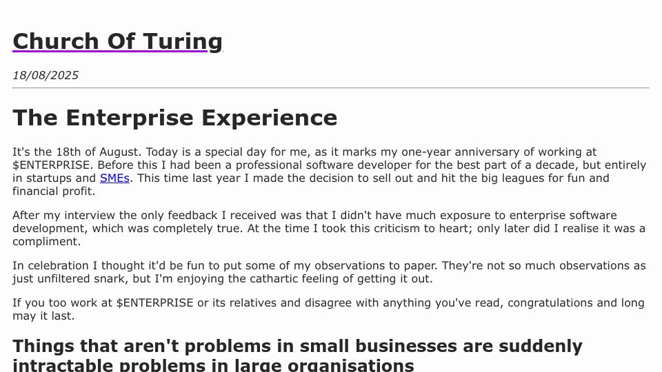 Screenshot of churchofturing.github.io: The Enterprise Experience