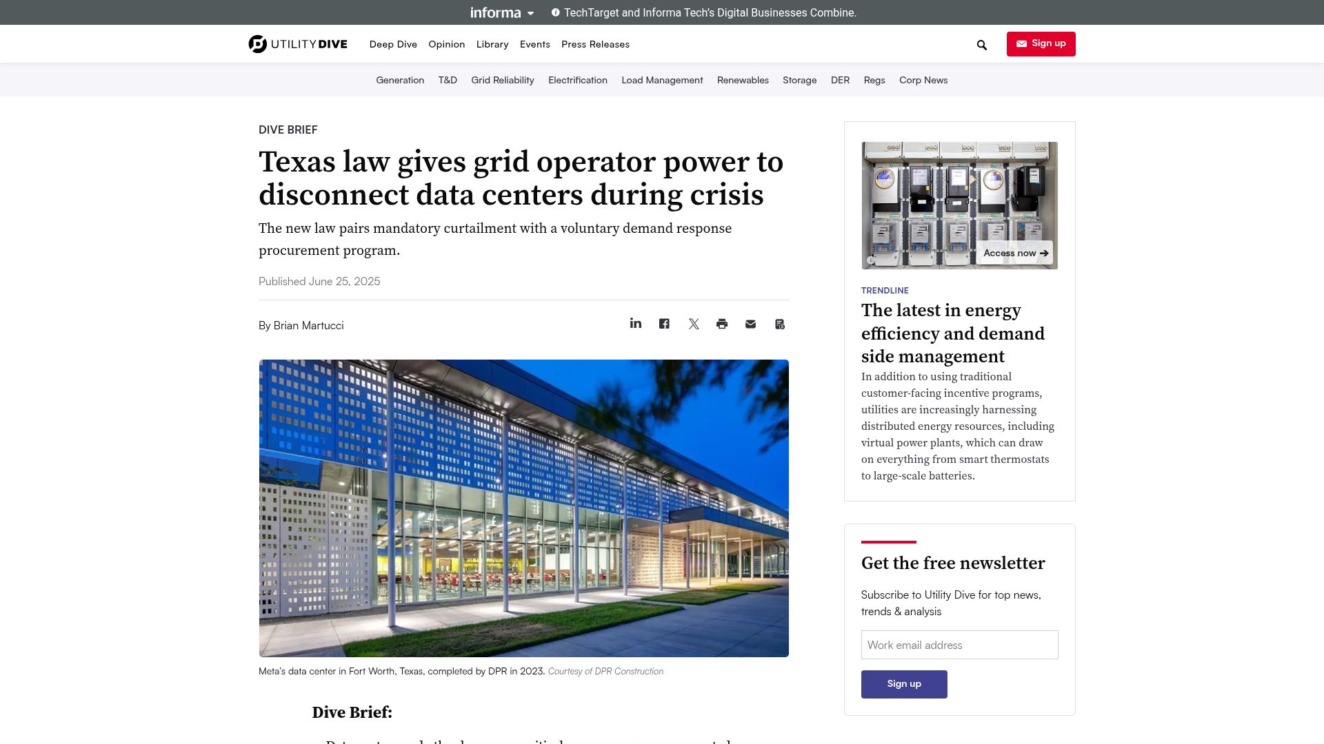 Screenshot of utilitydive.com: Texas law gives grid operator power to disconnect data centers during crisis