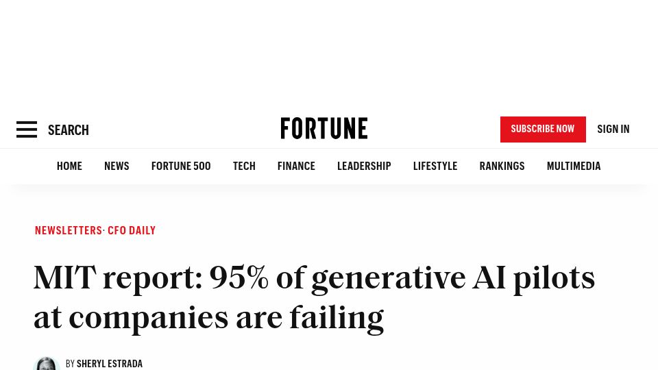 Screenshot of fortune.com: 95% of AI Pilots Failing