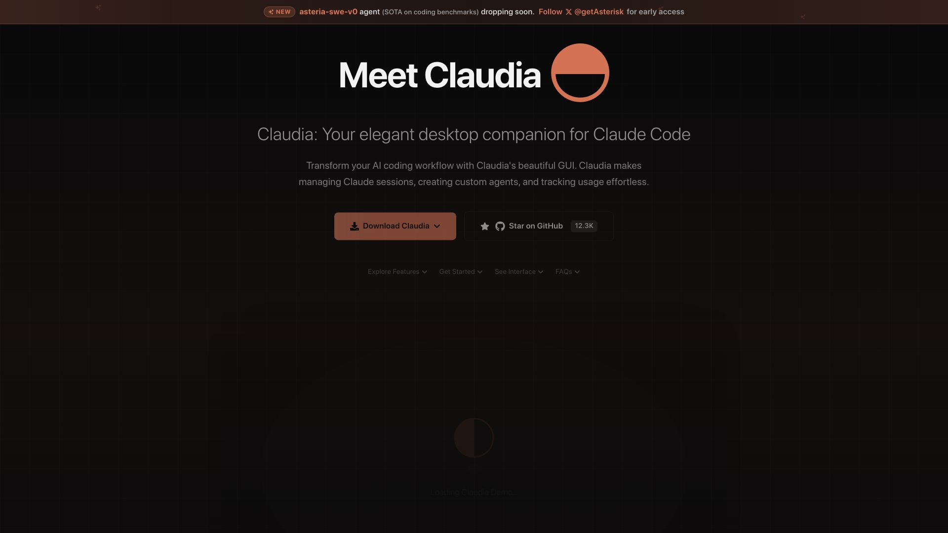 Screenshot of claudiacode.com: Claudia – Desktop companion for Claude code