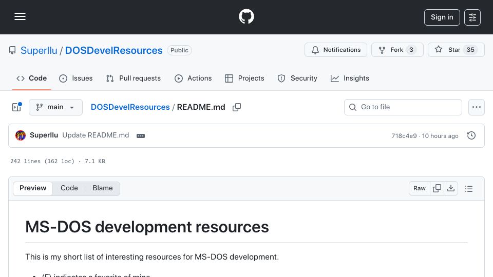 Screenshot of github.com: MS-DOS development resources