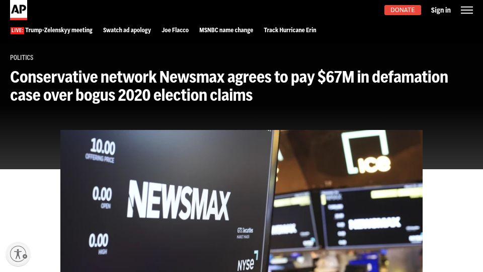 Screenshot of apnews.com: Newsmax agrees to pay $67M in defamation case over bogus 2020 election claims