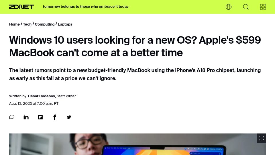 Screenshot of zdnet.com: Win10 users looking for a new OS? Apple $599 MacBook can't come at a better time