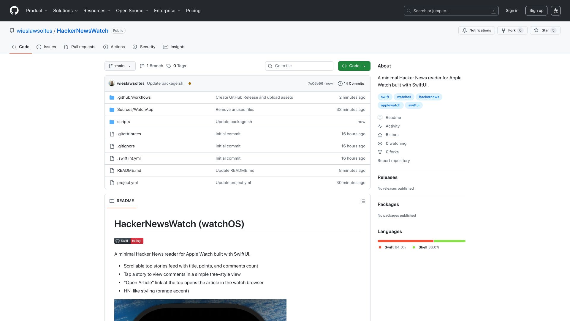 Screenshot of github.com: Show HN: A Minimal Hacker News Reader for Apple Watch Built with SwiftUI