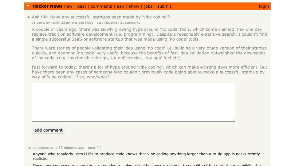 Screenshot of Hacker News post: Ask HN: Have any successful startups been made by 'vibe coding'?
