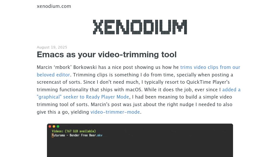Screenshot of xenodium.com: Emacs as your video-trimming tool