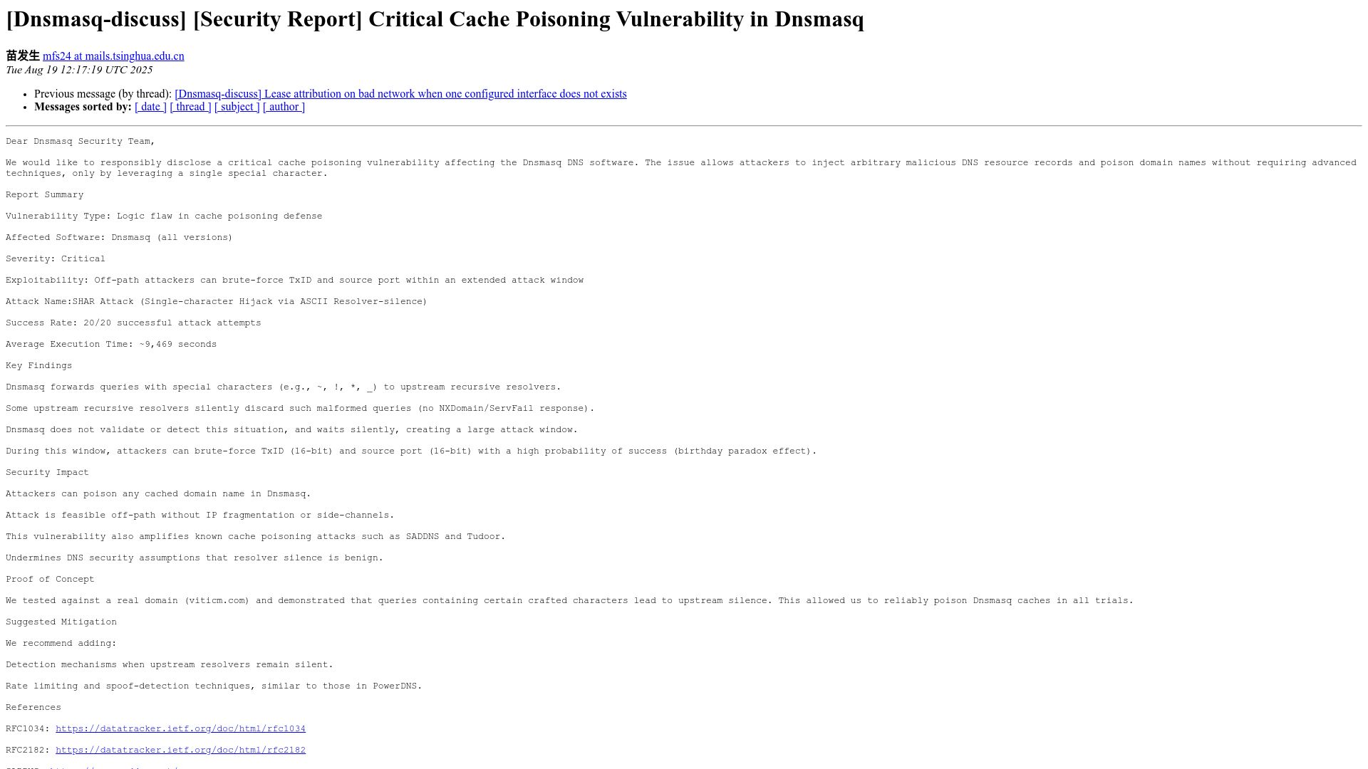 Screenshot of lists.thekelleys.org.uk: Critical Cache Poisoning Vulnerability in Dnsmasq