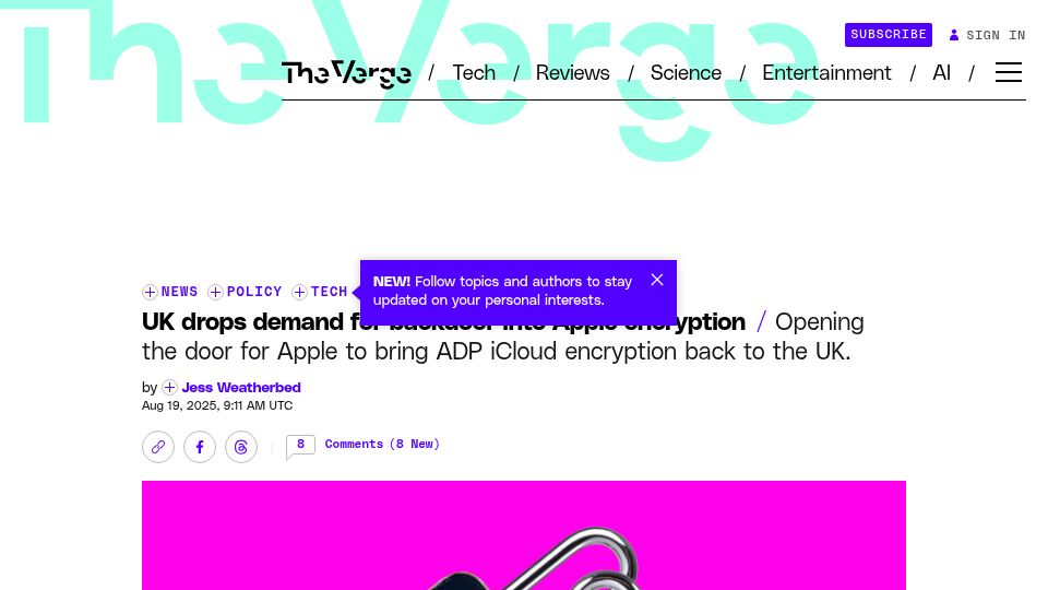 Screenshot of theverge.com: UK drops demand for backdoor into Apple encryption
